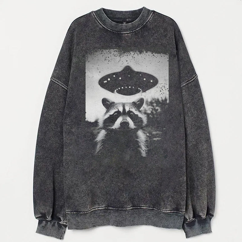 Raccoon Taking Selfie with UFOs Funny T-Shirt/Sweatshirt - heygraff