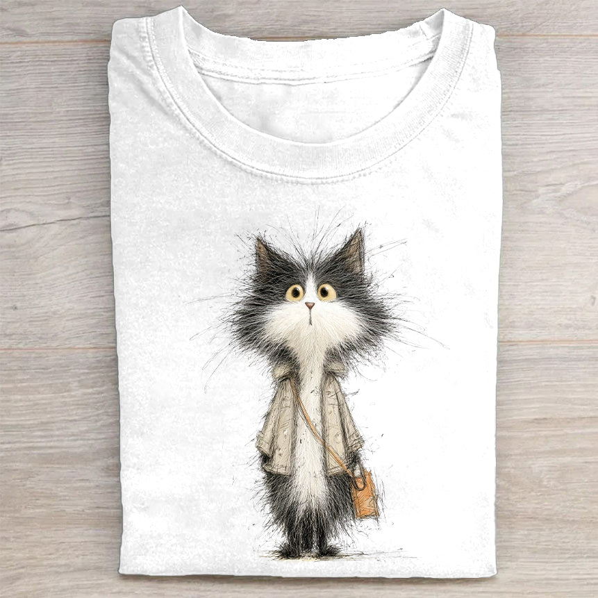 Fashionable Cat with Briefcase Graphic Print T-Shirt