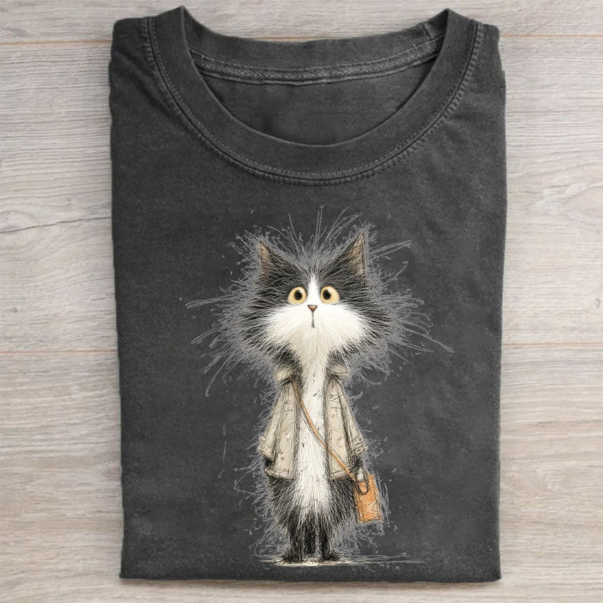 Fashionable Cat with Briefcase Graphic Print T-Shirt