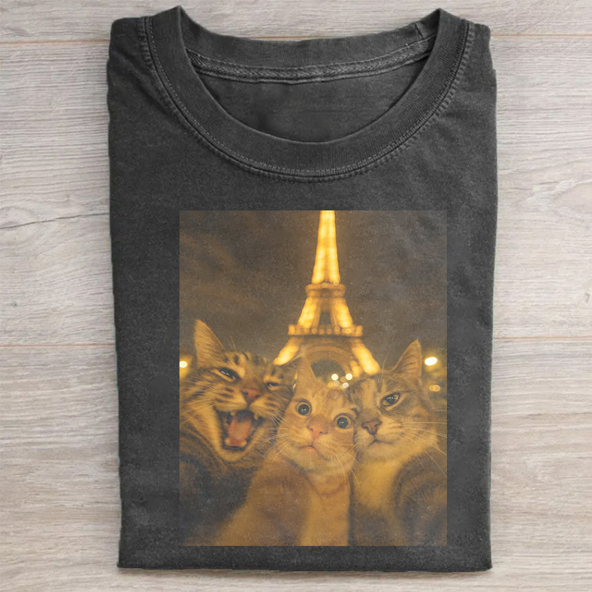 Cat Taking Selfie with Eiffel Tower Funny T-Shirt