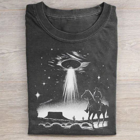 Western Cowboy with UFOs Funny Unisex T-Shirt