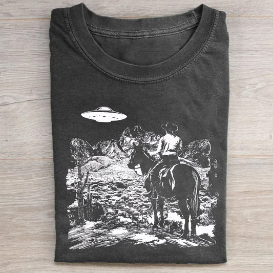 Western Cowboy with UFOs Funny Unisex T-Shirt