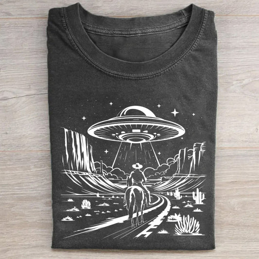 Western Cowboy with UFOs Funny Unisex T-Shirt