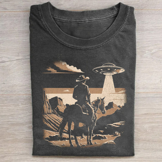 Western Cowboy with UFOs Funny Unisex T-Shirt